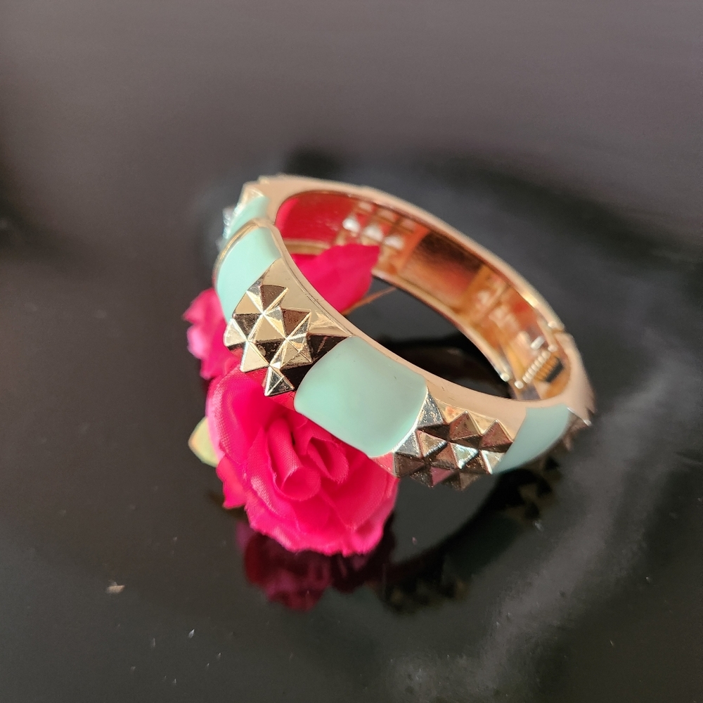 Mint Green Enamel & Gold Pyramid Stud Hinged Cuff Bracelet